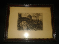 Antique signed etching depicting a castle wall, 1923