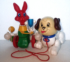 2 db régi retró vintage műanyag húzós húzható tologatós húzogatós játék nyuszi és Fisher Price kutya