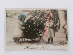 Old Christmas card photo postcard little girls sled