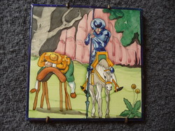 Régi spanyol kézzel festett csempe fali dísz iparművész munka művészi fali csempe Don Quijote