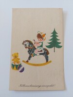 Régi karácsonyi képeslap 1965 rajzos levelezőlap kisfiú hintaló játékok