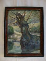 Jelzett akvarell tájkép Öreg fűzfa