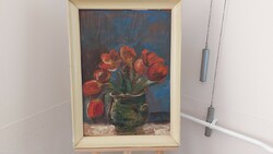 (K) Katalin Somogyi gallery flower still life painting with frame 51x69 cm. Oil, wood.