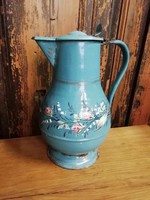 Nagyméretű vizeskancsó, zománcozott fém kancsó, zománcáru szép virágmintás kancsó, most LEÁRAZVA!!!