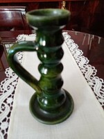 Marked tailor - frame: folk ceramic candle holder, walking candle holder -- green eosin glaze