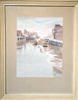 mark gibbons: harbour, 1973 (watercolour framed) sailing, seashore, British painter, English