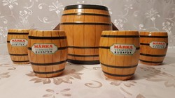 Hollóháza porcelain brand vermouth wine barrel set with 4 cups, in a wooden holder