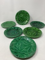6 antique Schramberg green majolica plates with a leaf pattern