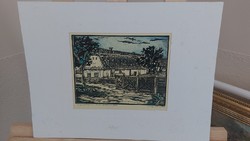 (K) large vince linocut of an old house in Gáborján