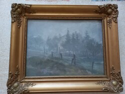 Holba tivadar paintings: Mátra house in fog and foggy Mátra landscape
