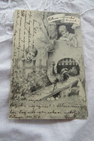 Antik hosszúcímzéses monokróm képeslap, Húsvét, gyerekek, kakas, nyuszi 1904