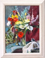 Vincze László (1934-2020): Színes virágok, 1999 - olaj-vászon festmény, galériás keretben