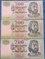 3 db 200-Ft bankjegy, 2001 hajtatlan,2002 ropogós, 2003 ropogós,