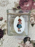 Square glass candle holder with vintage enamel plaque