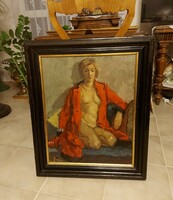 Antique sumptuous painting! Female nude in a red shroud!