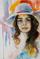 Girl with hat. Original watercolor painting
