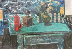 Silver George: still life on a blue table