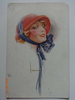 Régi, antik grafikus üdvözlő képeslap - művészrajz - hölgy kalapban (1921)