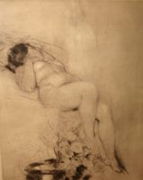 1911 István Es Rimasha / 1891-1956 / etching: nude with flowers