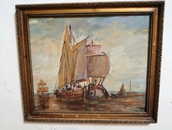 Ships on the sea. Nice old painting, unknown signature.