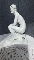 Zsolnay white kneeling female nude, 23 cm, base: 15 x 9 cm, small surface crack on the back of the head