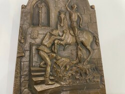 Kő Pál bronz falidísz relief középkori lovag csatajelenet "Magyar középkor"