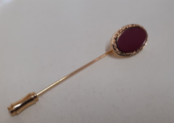Nice condition gold-plated chiseled tie pin studded with jasper stone with a protective cap at the end