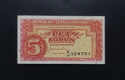 Csehszlovákia 5 Korona, Korun 1945, VF+