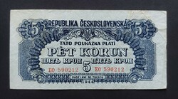 Csehszlovákia 5 Korona, Korun 1944, VF+