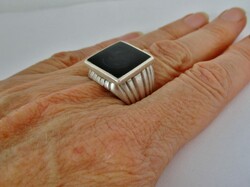 Beautiful old handmade silver ring with engraved onyx stone