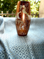 Antique Czech bohemian glass vase 17.5 cm with bird pattern - gold color painting
