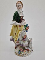 Német drezdai porcelán hölgy figura virágokkal báránnyal 16.5cm