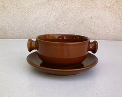 Brown ceramic soup cup + small plate