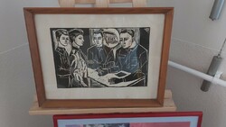 (K) linocut of János Józsa's social realism, 42x32 cm frame, signed!