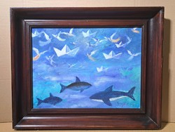 Pál Szalay: ships, fish, angels - 2007 - oil painting with frame