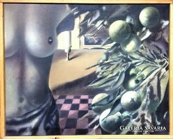 Oil painting by Iván Vidovits (1965-) with an apple tree branch (1990) / 40x50 cm /