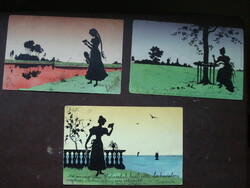 3 db antik képeslap - sziluett sorozat hölgy 1900.