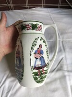 Art-deco pitcher with rarer granite color and a folk scene