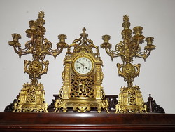1878, Original parott ferers gilt bronze fireplace clock set, clock and 2 candelabra