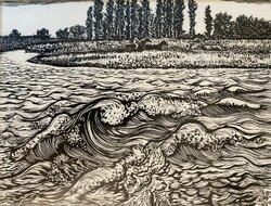 Béla Gy. Szabó: flooded szamos - woodcut