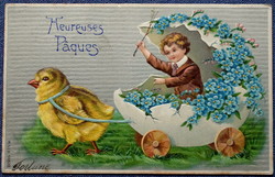 Antik dombornyomott  Húsvéti üdvözlő litho képeslap  csibe, kisfiú tojás fogaton nefelejcs