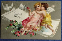 Antik dombornyomott  litho üdvözlő képeslap  angyalkák galambok