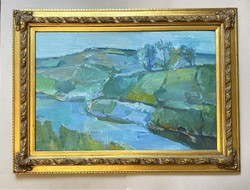 GERŐ KÁZMÉR (1920-1988) KAPOS PART KÉPCSARNOKOS TÁJKÉP OLAJ FAROST FESTMÉNY SZÉLES DÍSZES FA KERETBE