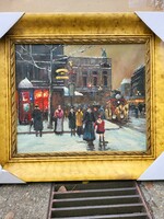 Berkes-style cityscape, street scene, oil painting of people walking