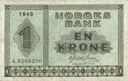 1 krone korona 1940 Norvégia Ritka