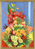 Színpompás virágcsokor olajfestményen (Tóth Miklósné művésztanár festménye)
