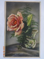 Old floral name day greeting card, in a rose vase
