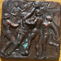 Bronze plaque - ancient ball players - dramatic bronze image
