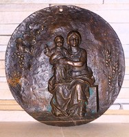 Marked antique bronze relief, mother with child