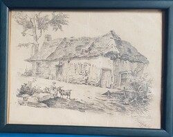 Olvashatatlan : Falusi életkép kecskével 1856 évi , ceruzarajz